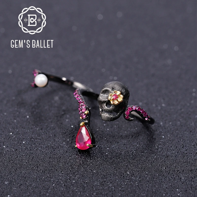 Gothic Skull Ring - Gem's Ballet Natuurlijke Robijnen Edelsteen Schedelring