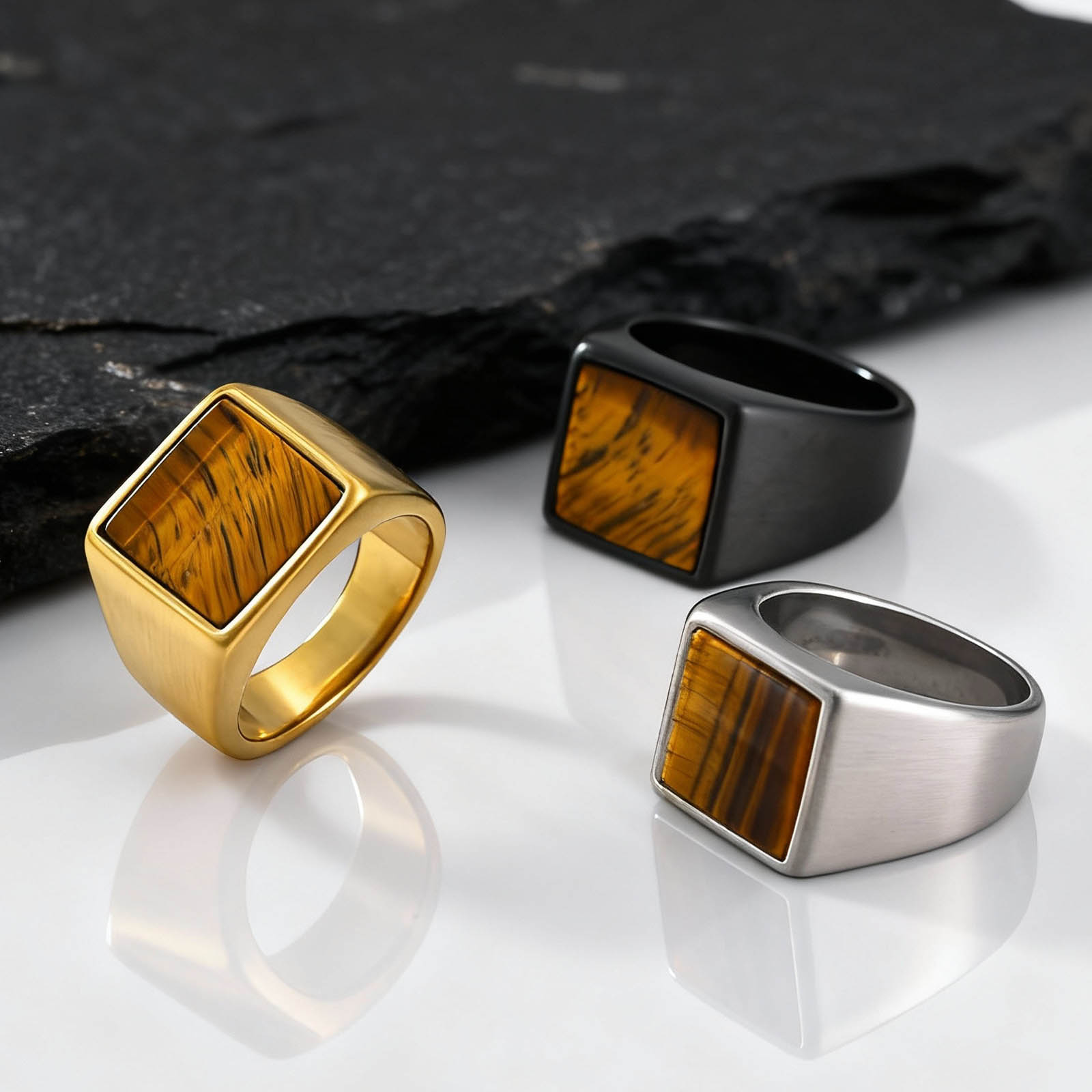 Mens Signet Ring - Tijgeroogsteenring voor mannenjongens, roestvrij staal bruine