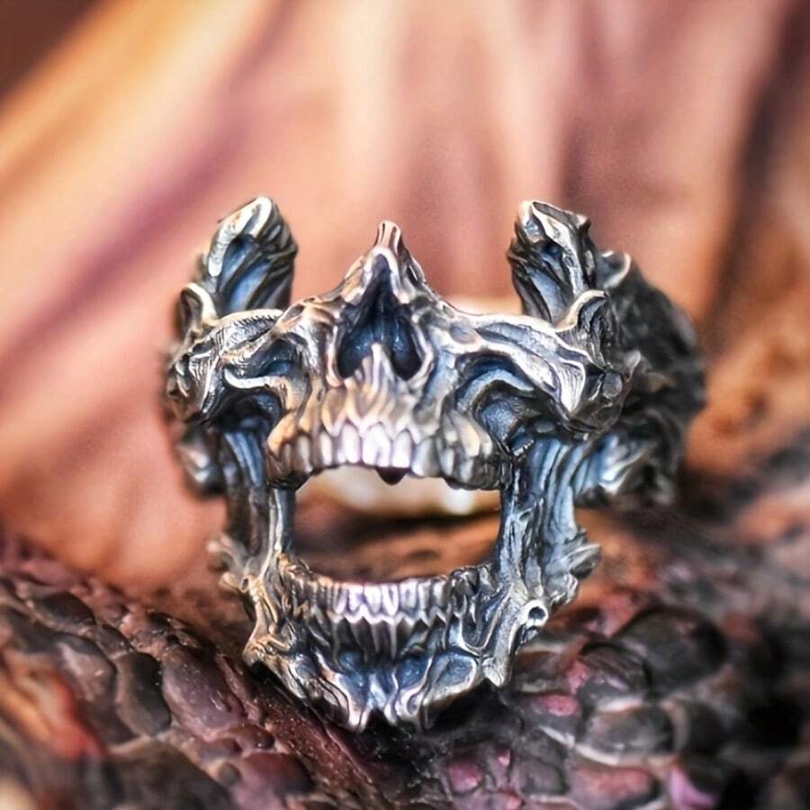 Gothic Skull Ring - Vintage gotische doodshoofdmaskerring met onregelmatige mondopening,